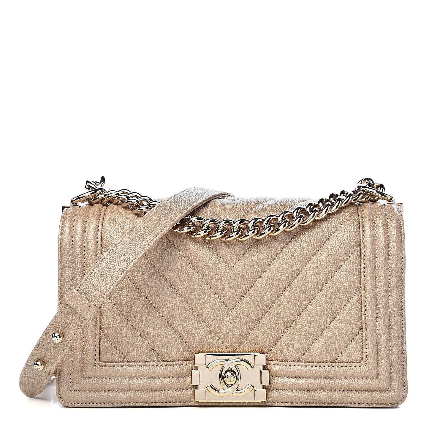Metallic Caviar Chevron Quilted Medium Boy Flap Light Beige