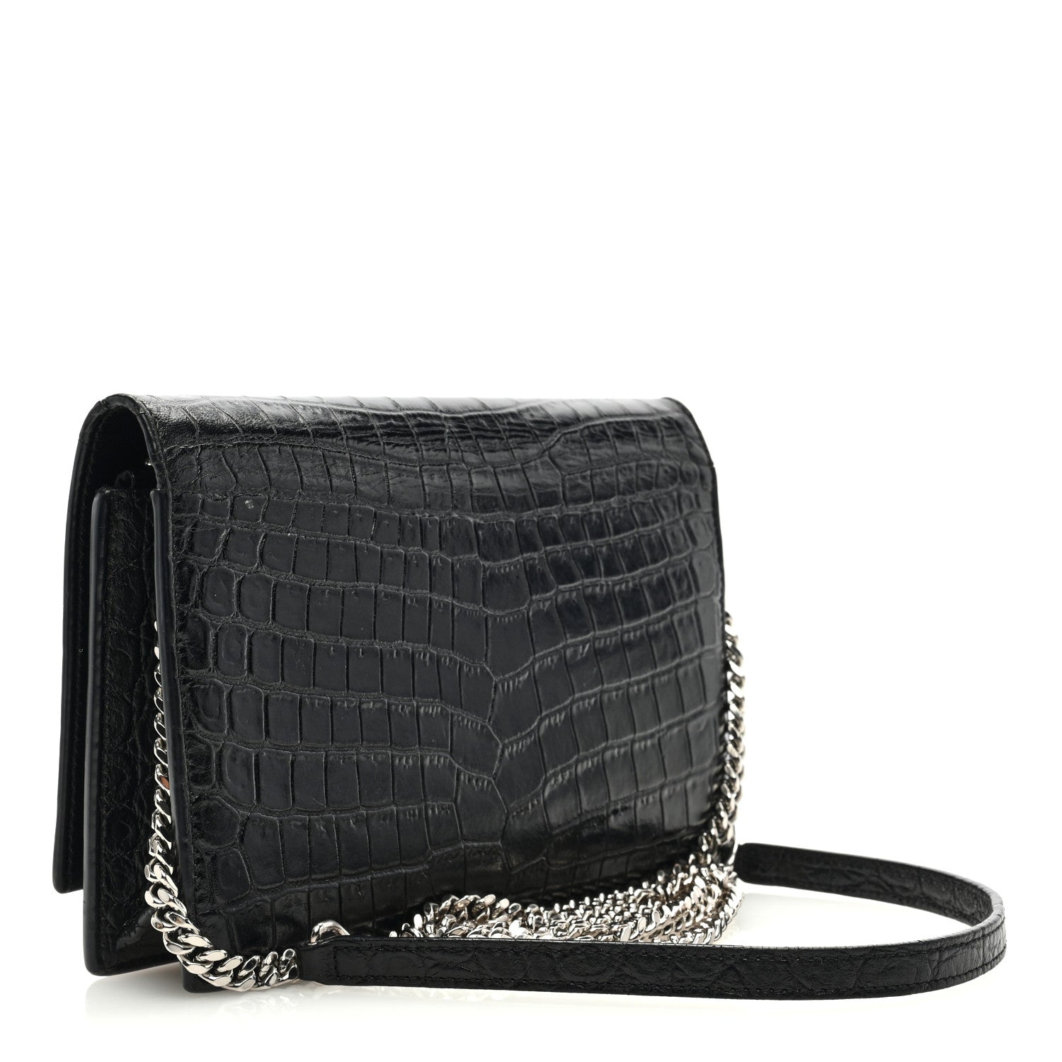 Saint Laurent Calfskin Crocodile Embossed Kate Monogram Tassel Chain Wallet Black 3 of 10