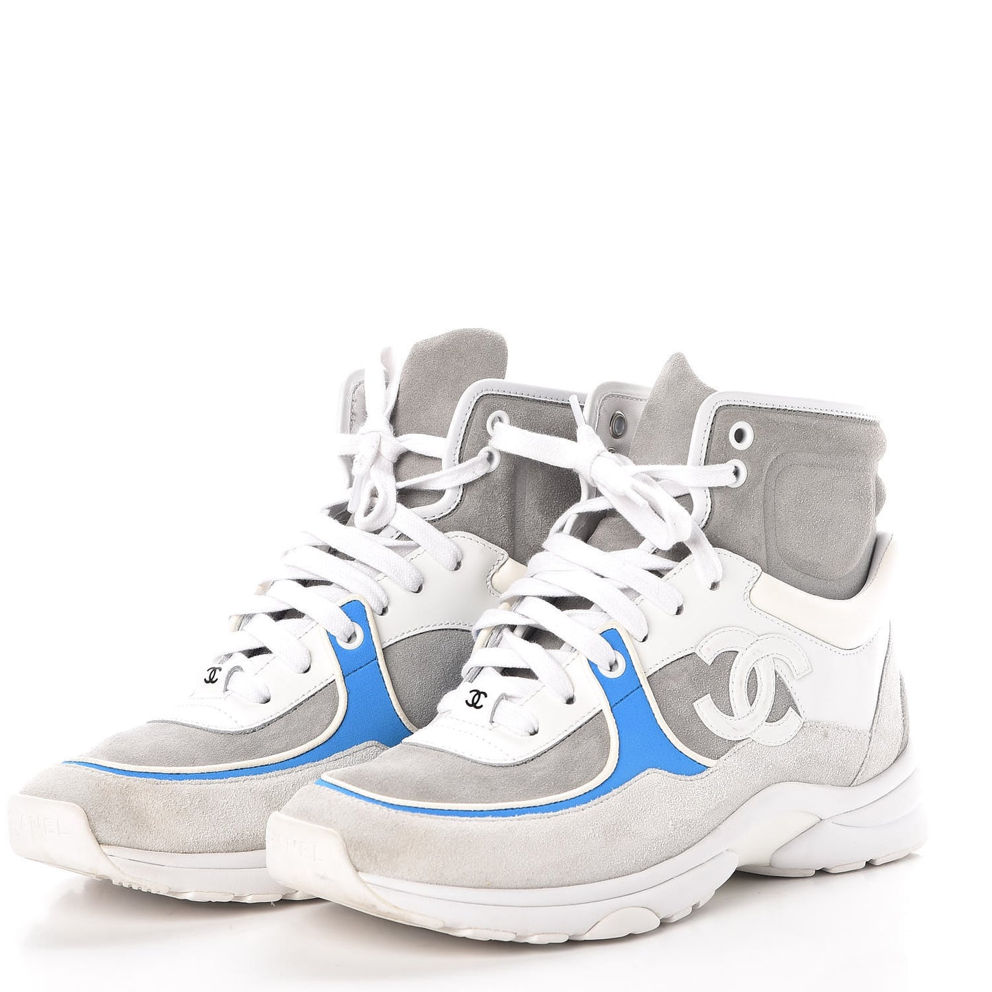 Suede Calfskin Lambskin High Top CC Sneakers 38 White Grey Fluo Blue