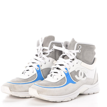 Chanel Suede Calfskin Lambskin High Top CC Sneakers 38 White Grey Fluo Blue 3 of 8