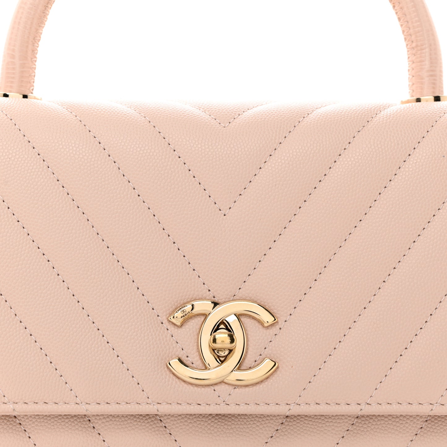 Lizard Embossed Caviar Chevron Quilted Small Coco Handle Flap Beige