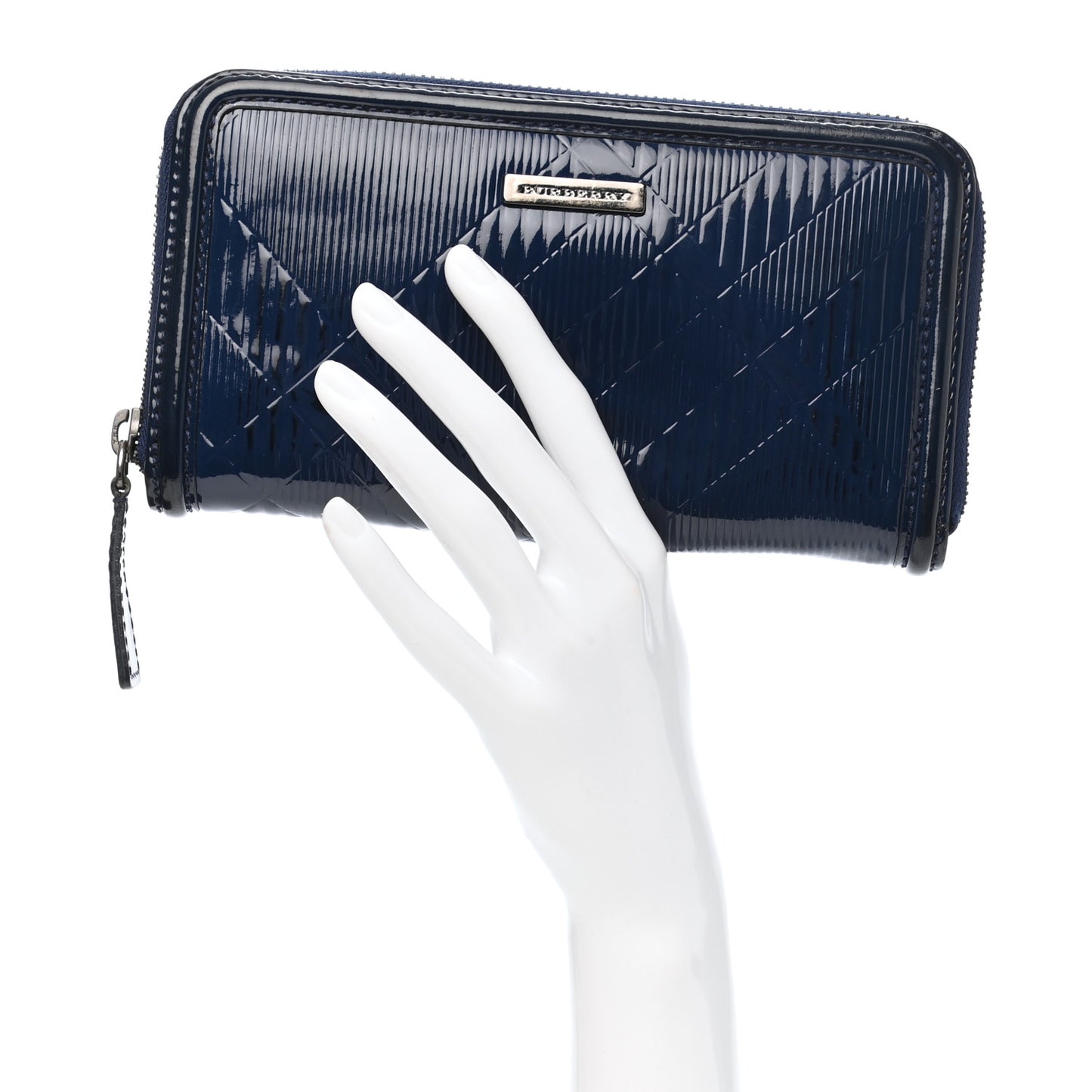 Patent Check Embossed Large Zip Around Wallet Blue