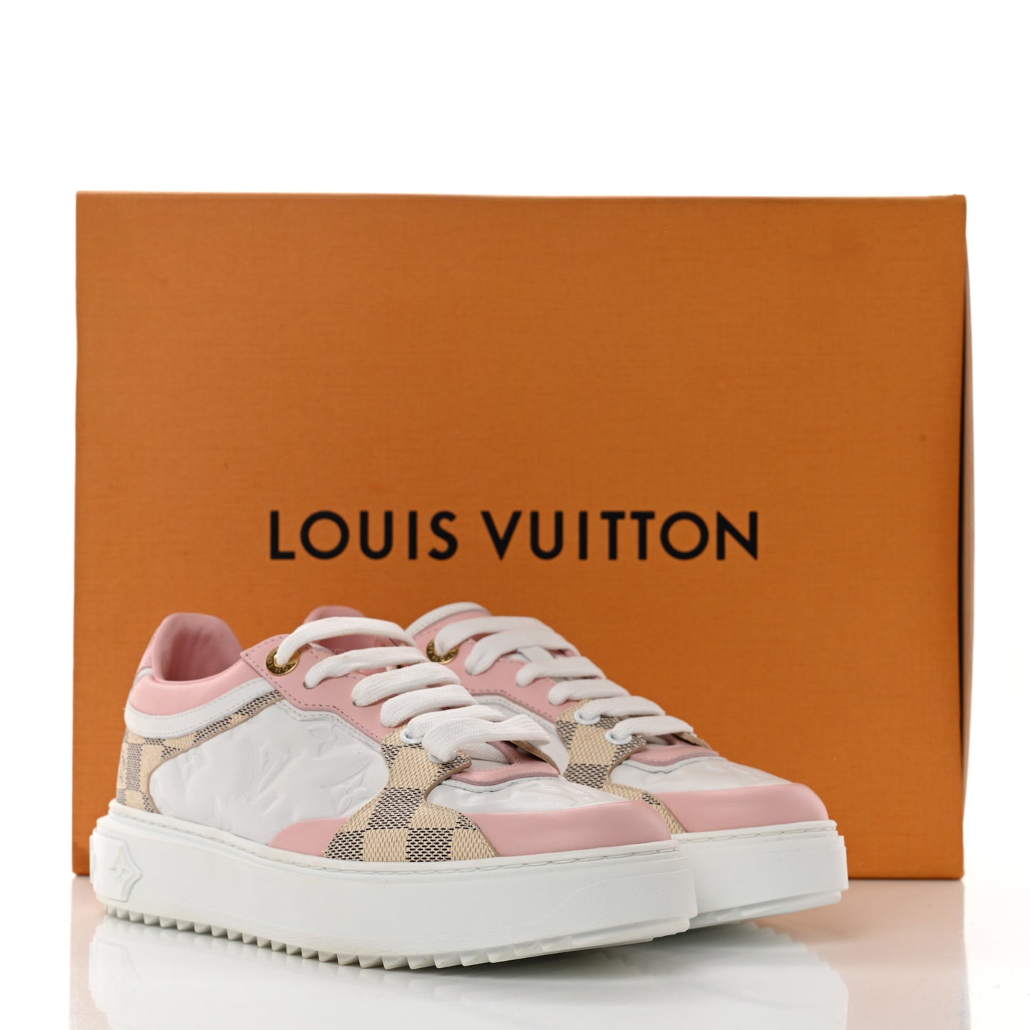 Monogram Embossed Calfskin Damier Azur Time Out Sneakers 37 Rose Clair Pink