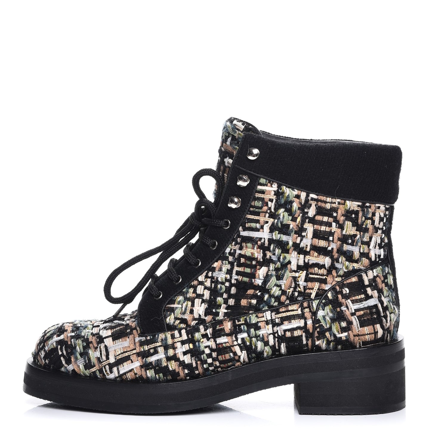 Tweed Lace Up Short Boots 38.5 Green Brown Black