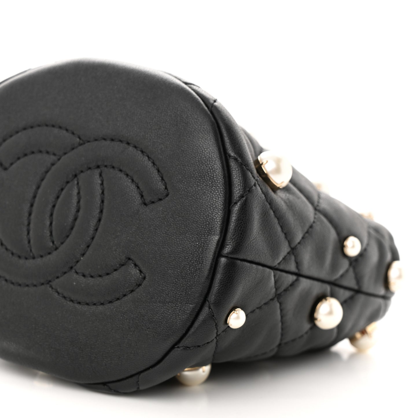 Lambskin Quilted Pearl Mini About Pearls Drawstring Bag Black