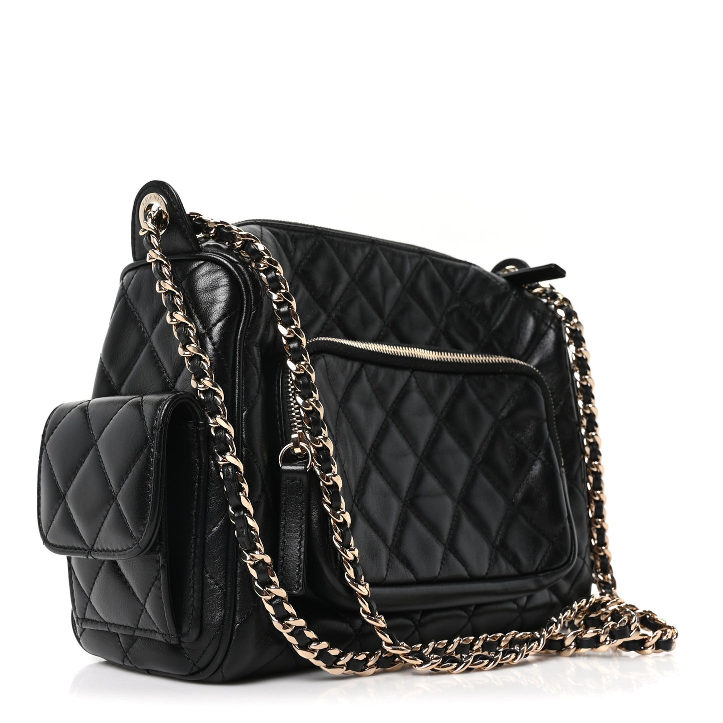Shiny Crumpled Lambskin Quilted Medium Preppy Pocket Camera Case Black