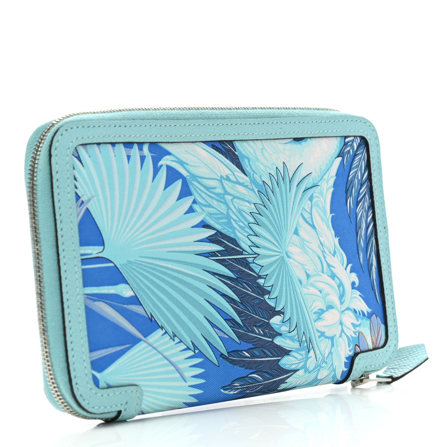 Epsom Printed Silk Flamingo Party Soie-Cool Wallet Mykonos Bleu Atoll