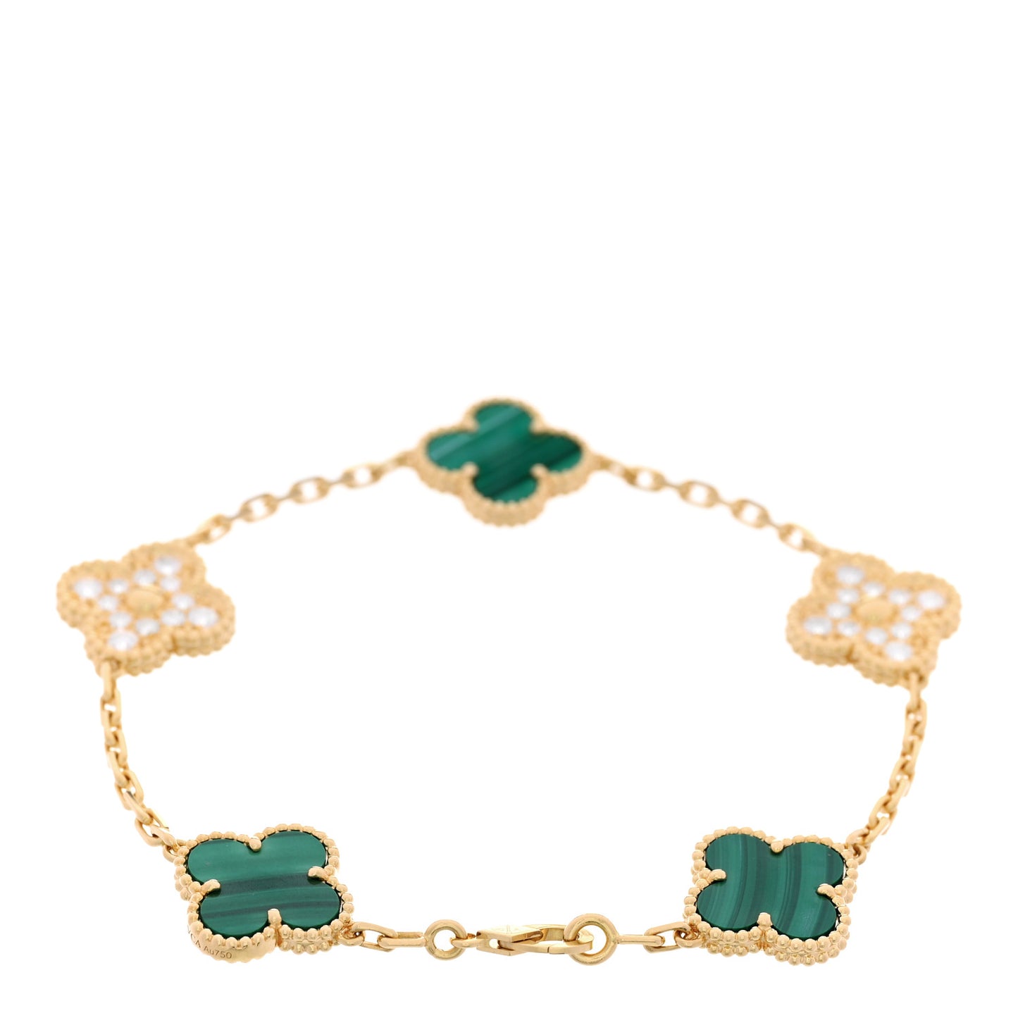18K Yellow Gold Diamond Malachite 5 Motifs Vintage Alhambra Bracelet