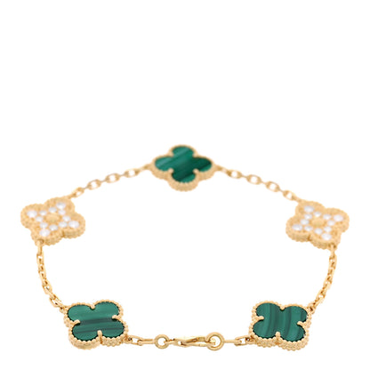 Van Cleef & Arpels 18K Yellow Gold Diamond Malachite 5 Motifs Vintage Alhambra Bracelet 2 of 5