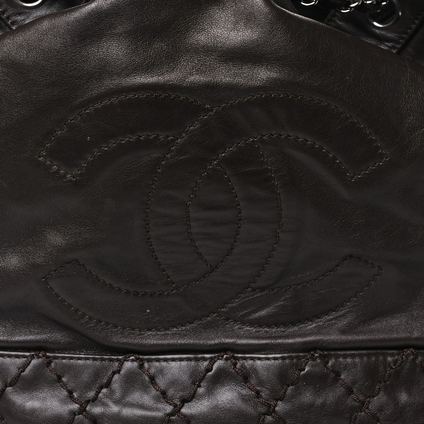 Calfskin Drawstring CC Bucket Bag Dark Brown