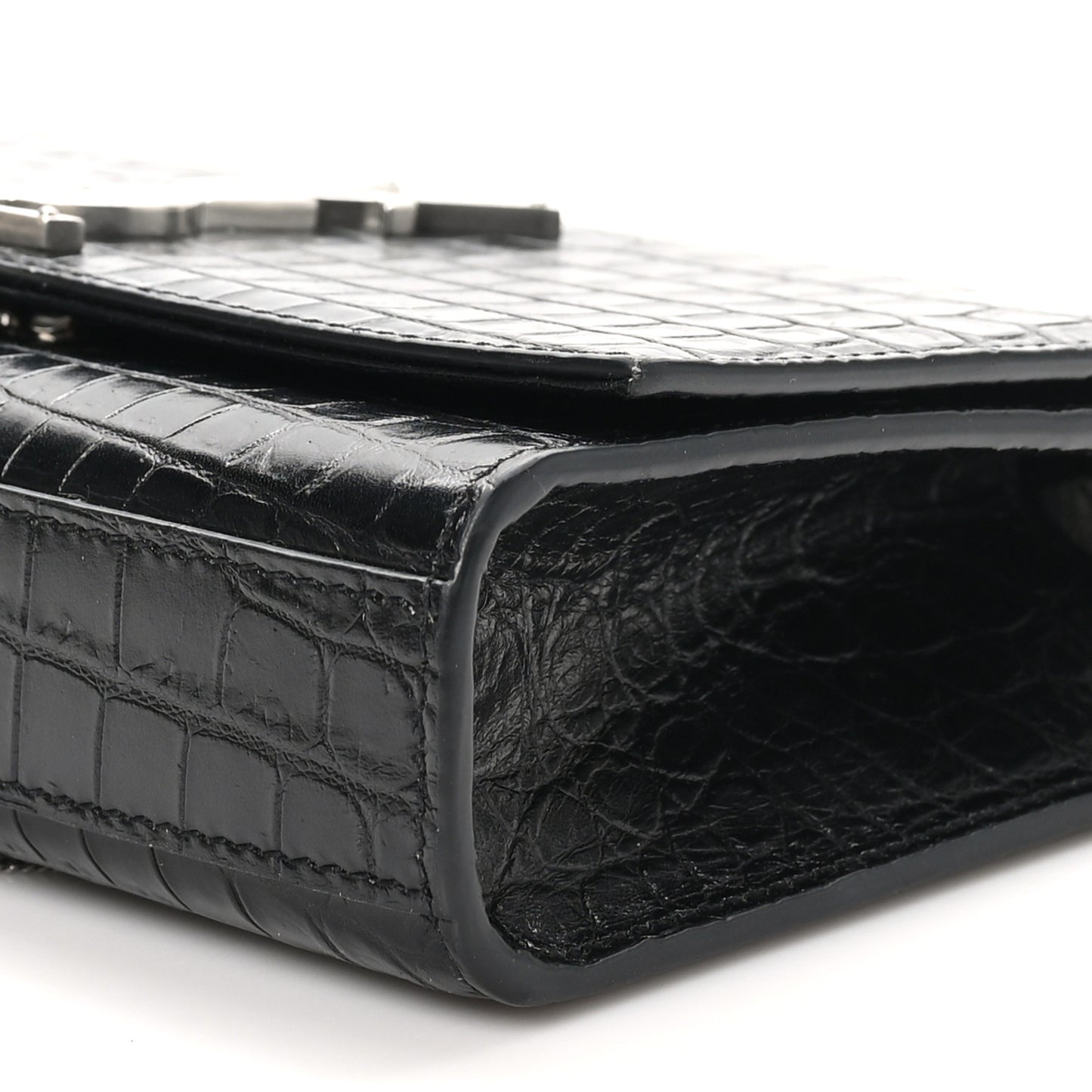 Calfskin Crocodile Embossed Small Classic Monogram Kate Tassel Satchel Black