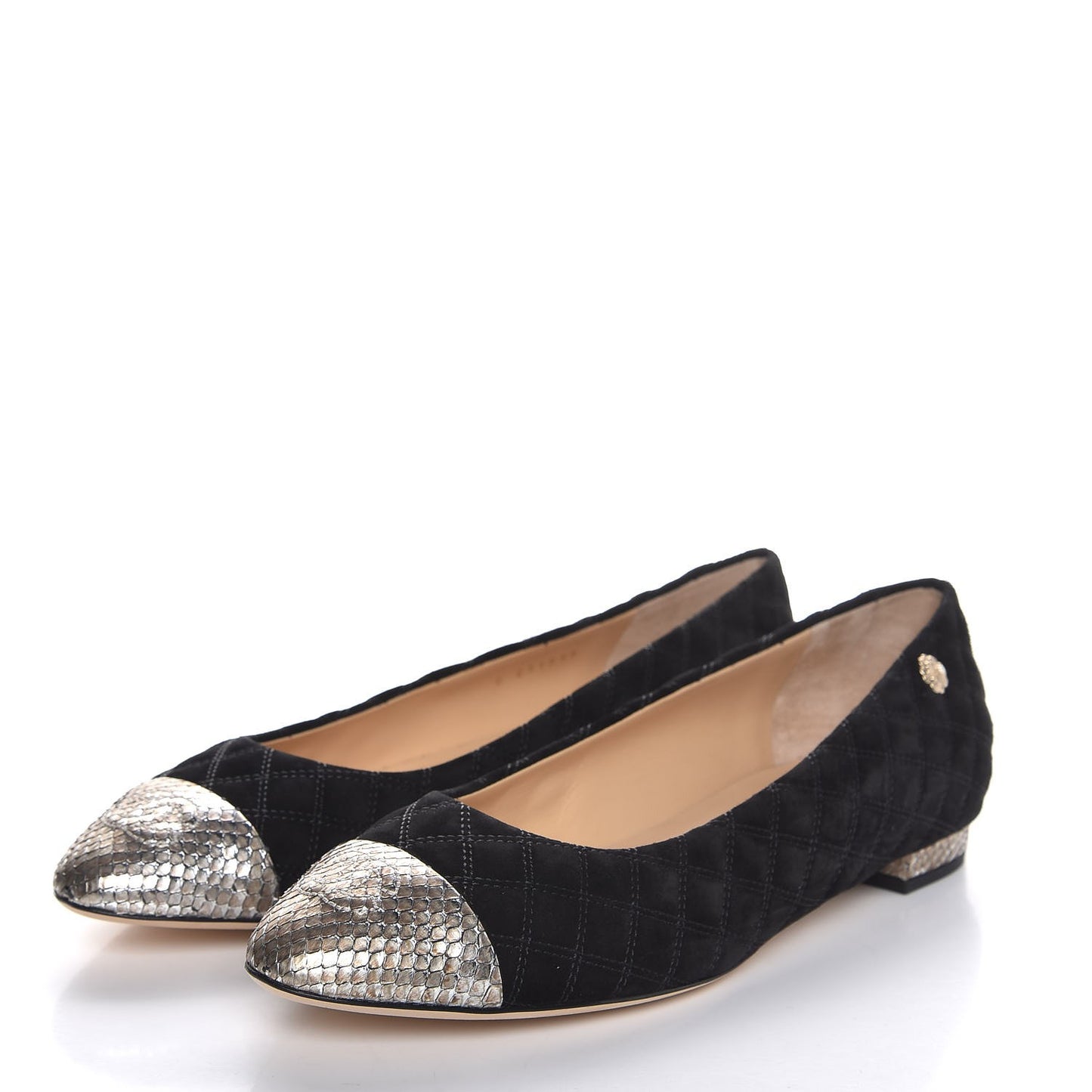 Suede Python Quilted CC Cap Toe Ballerina Flats 40.5 Black Gold
