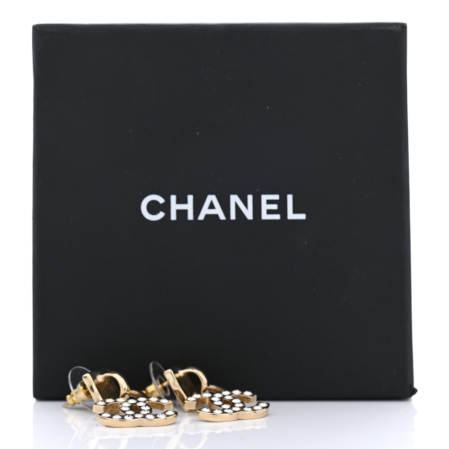 Metal Crystal CC Drop Earrings Gold
