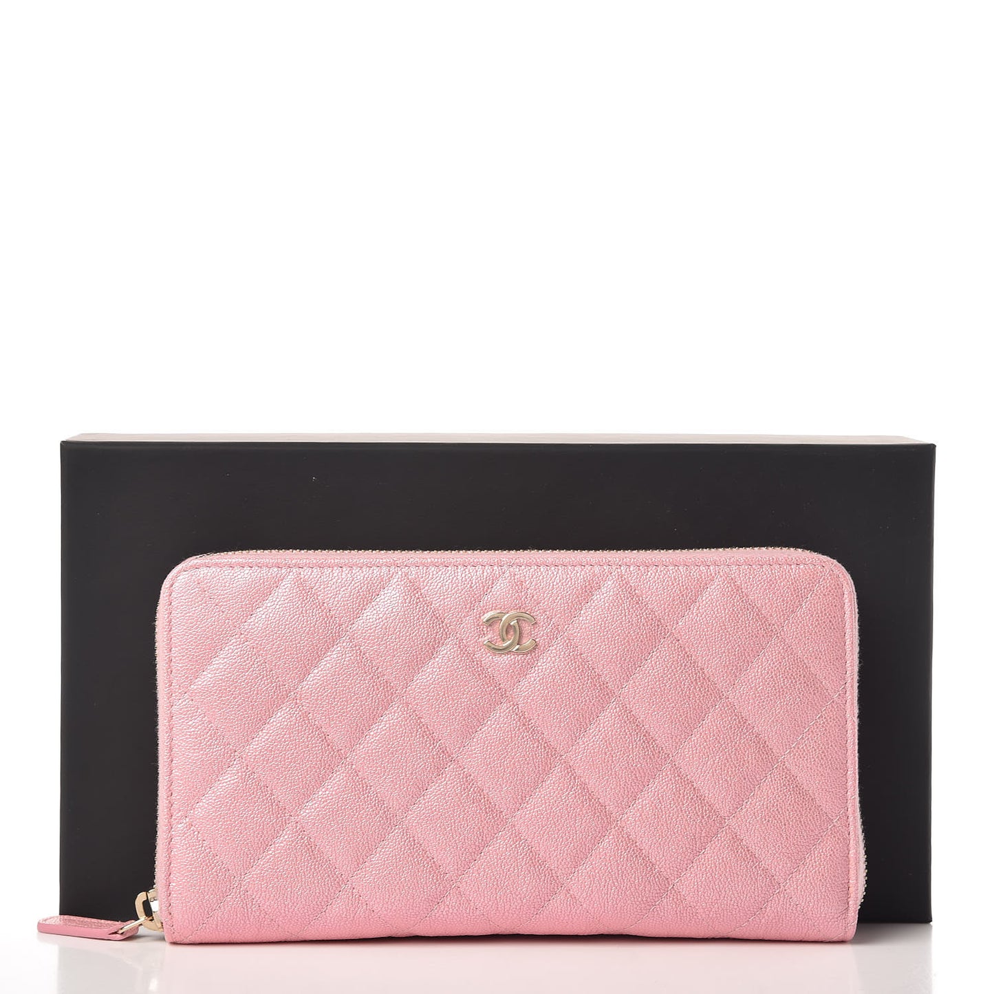 Iridescent Caviar Quilted Large Zip Around Organizer Wallet Pink