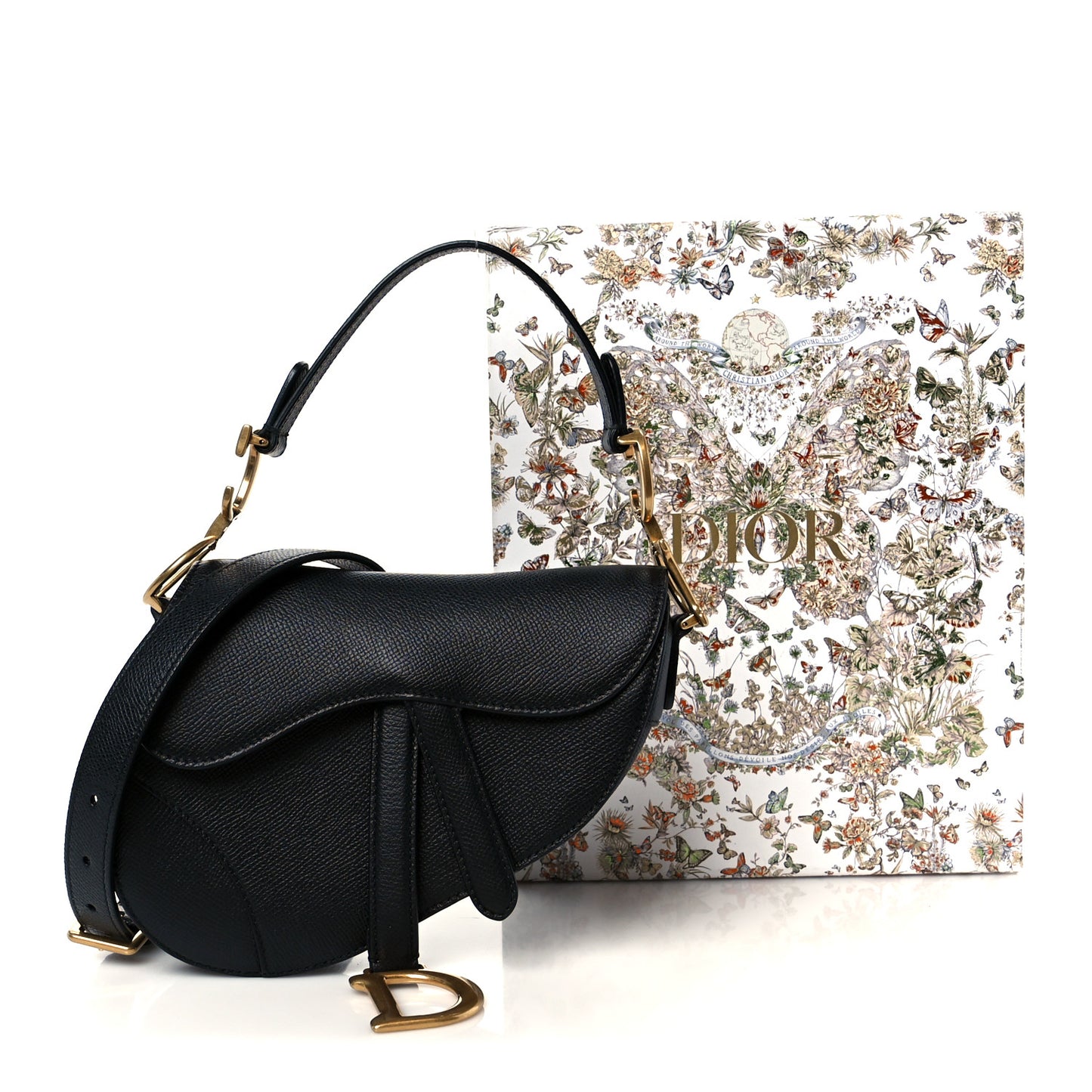 Grained Calfskin Mini Saddle Bag With Strap Black