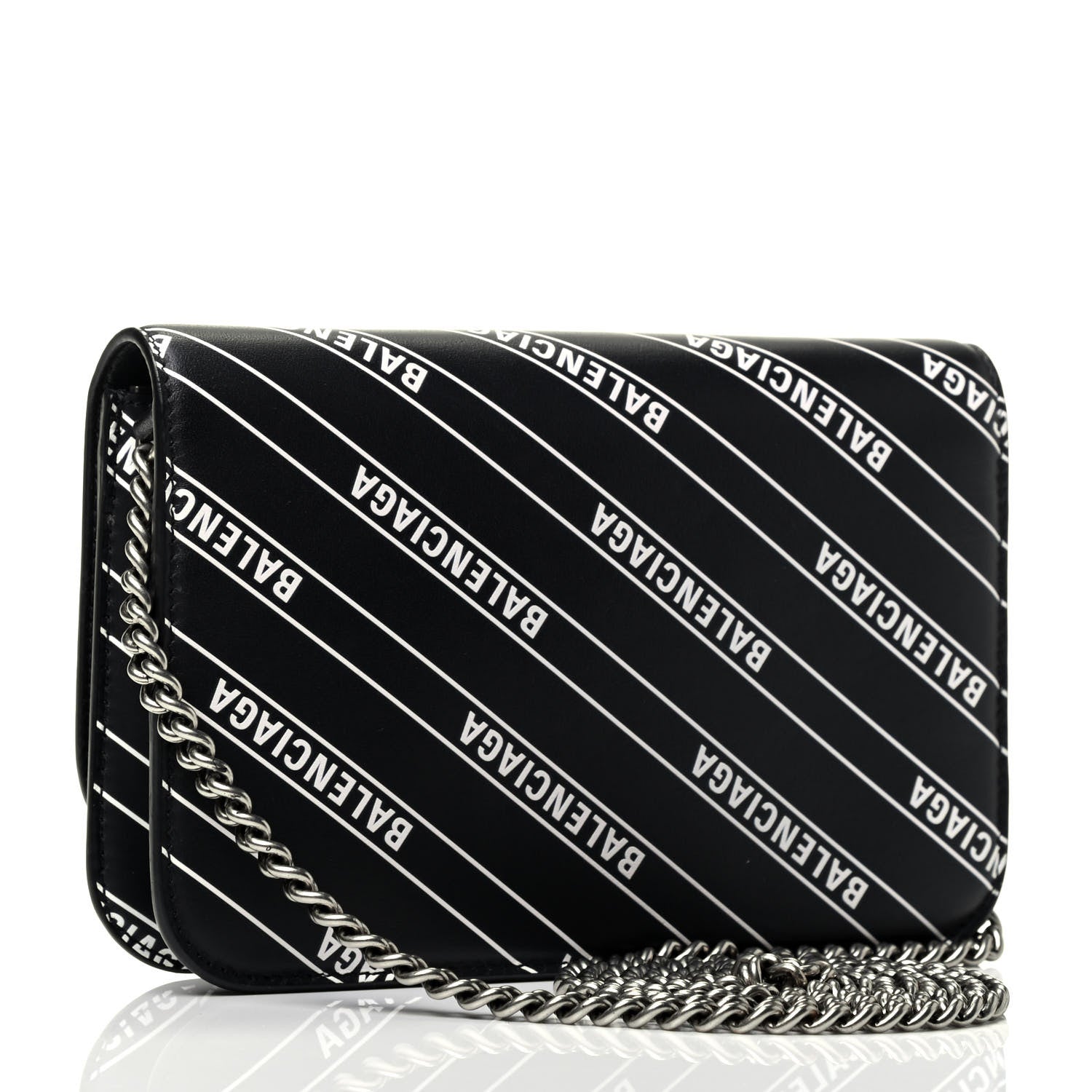 Balenciaga Matte Calfskin Diagonal Allover Logo Print B Wallet on Chain Black White 2 of 4