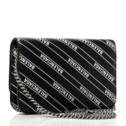 Balenciaga Matte Calfskin Diagonal Allover Logo Print B Wallet on Chain Black White 2 of 4