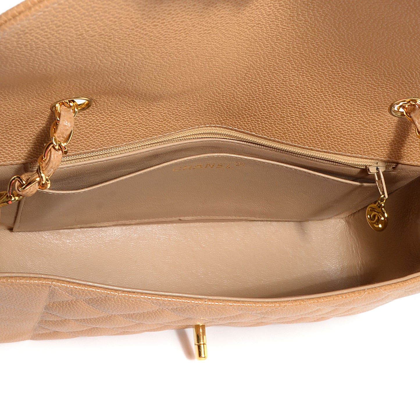 Caviar Quilted Medium Single Flap Beige