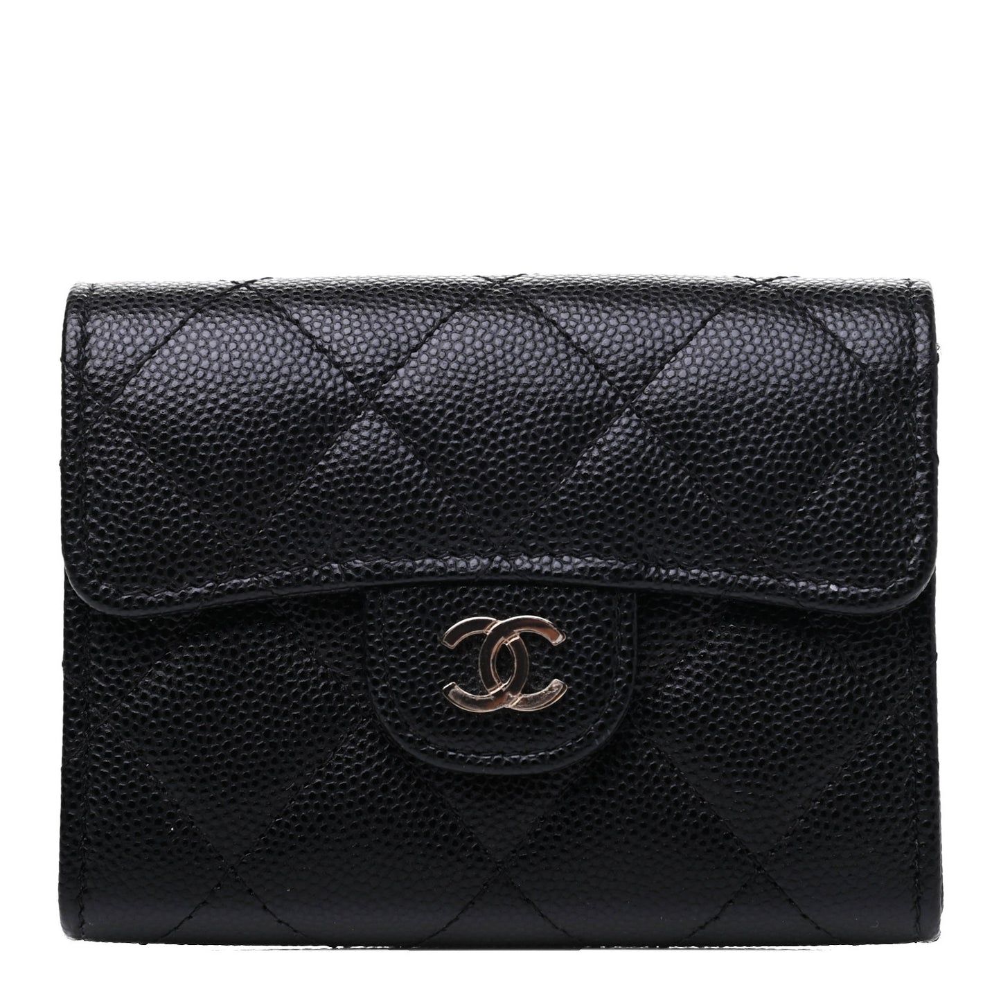 Caviar Quilted Flap Card Holder Wallet Black