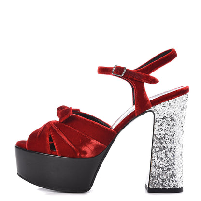 Saint Laurent Velluto Claire Tripon Glitter Platform Sandals 37 Rosso Argento 1 of 9