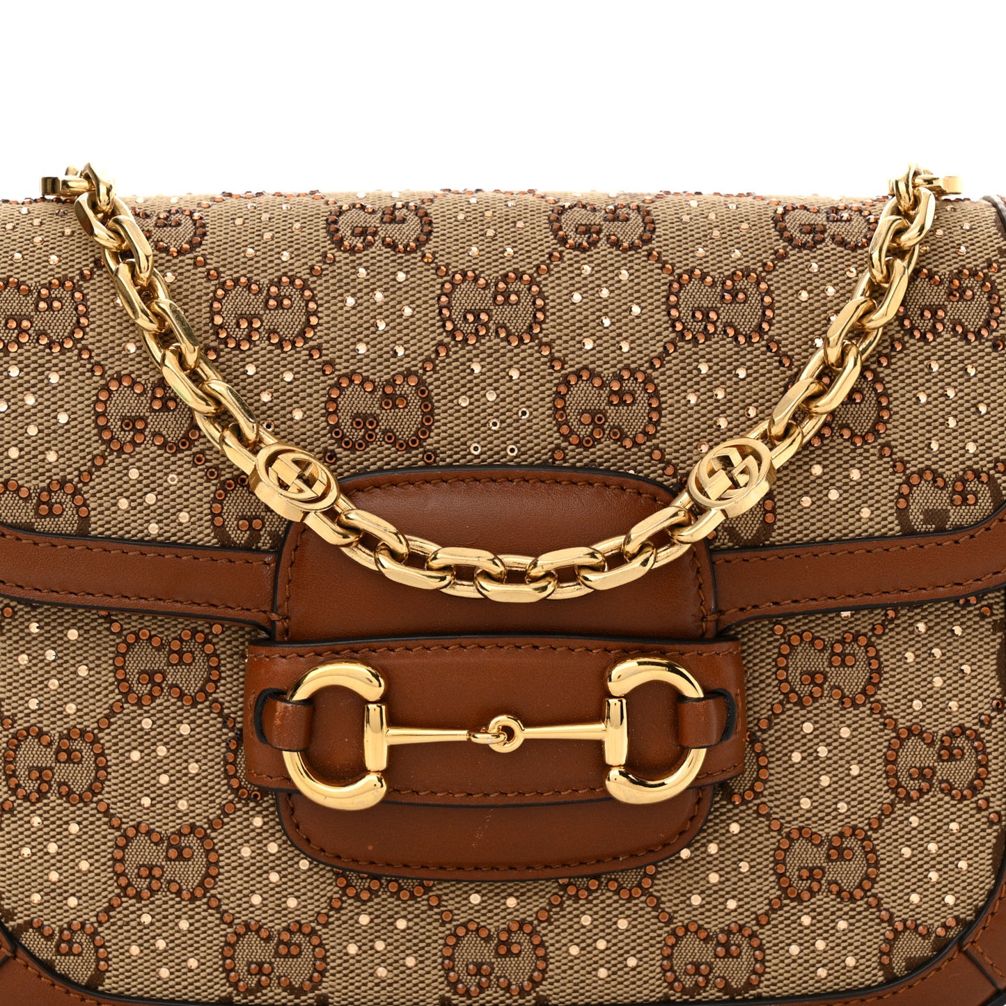 New Canvas Charisma Calfskin Crystal GG Monogram Mini Horsebit 1955 Shoulder Bag Camel Ebony