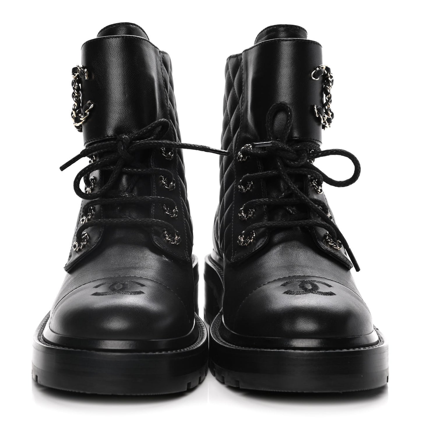 Shiny Lambskin Quilted Lace Up Combat Boots 39.5 Black