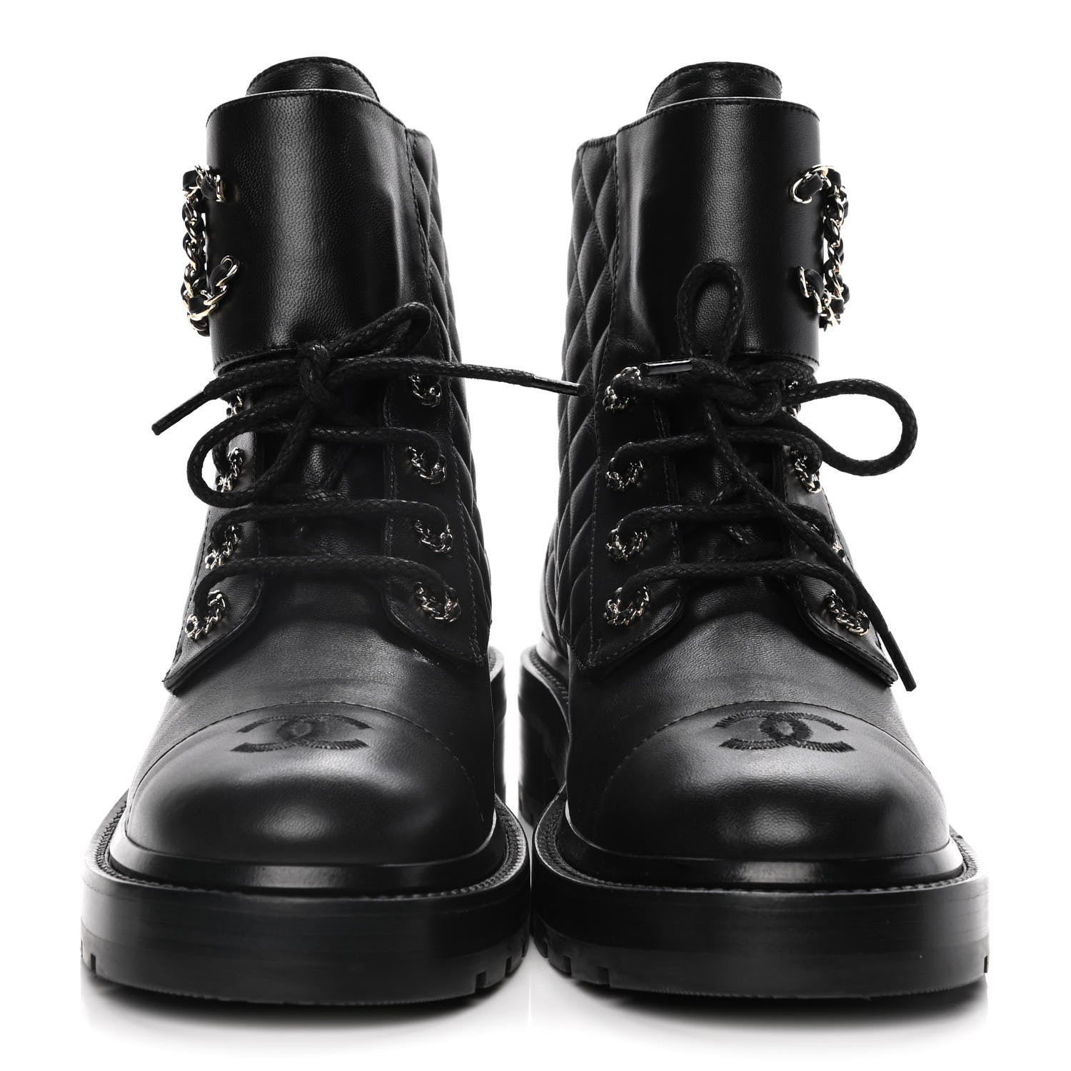 Chanel Shiny Lambskin Quilted Lace Up Combat Boots 39.5 Black 2 of 16