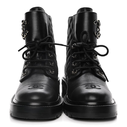 Chanel Shiny Lambskin Quilted Lace Up Combat Boots 39.5 Black 2 of 16