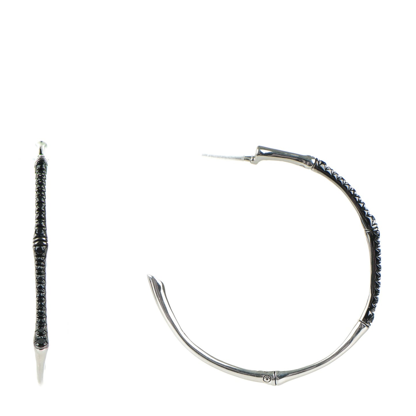 Sterling Silver Black Sapphire Large Bamboo Hoop Earrings