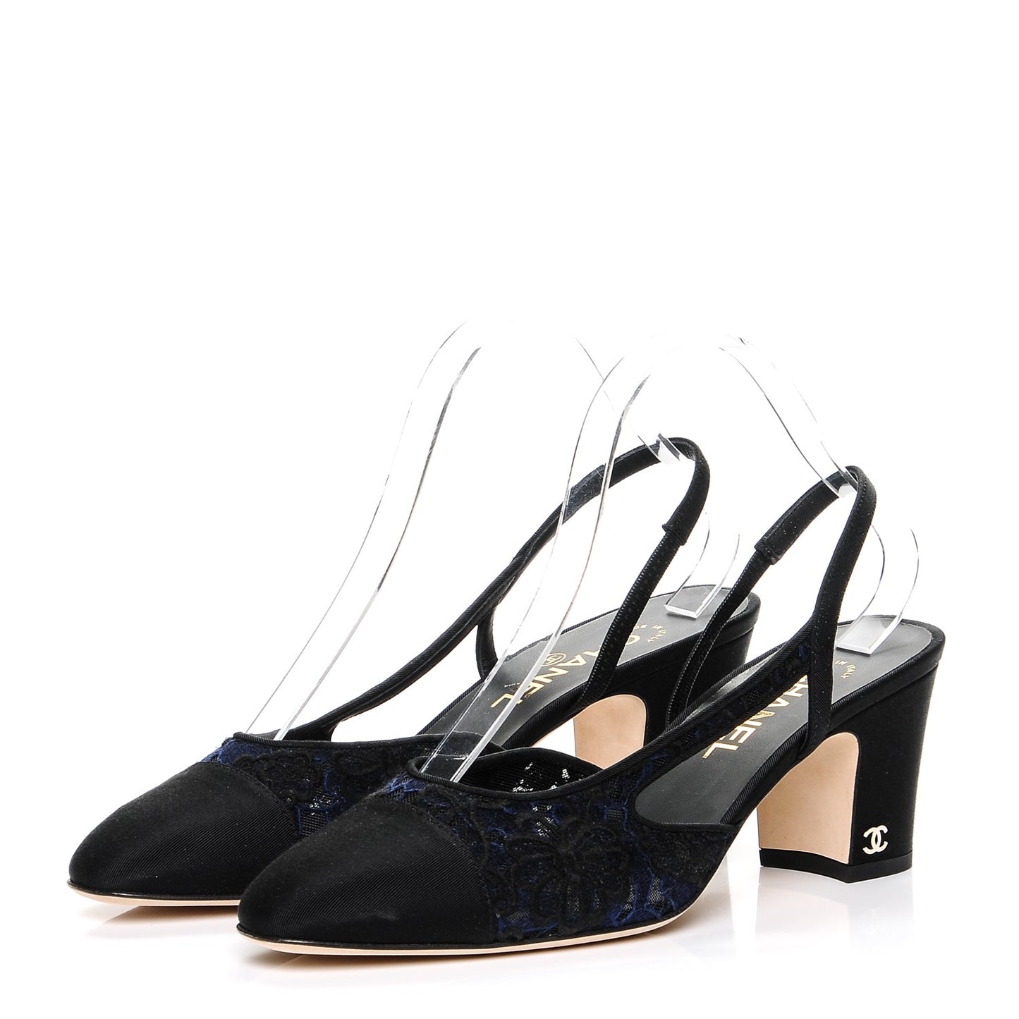 Lace Grosgrain Cap Toe CC Slingback Pumps 40 Navy Black