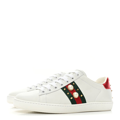 Gucci Calfskin Web Pearl Studded Womens Ace Sneakers 37.5 White 3 of 10