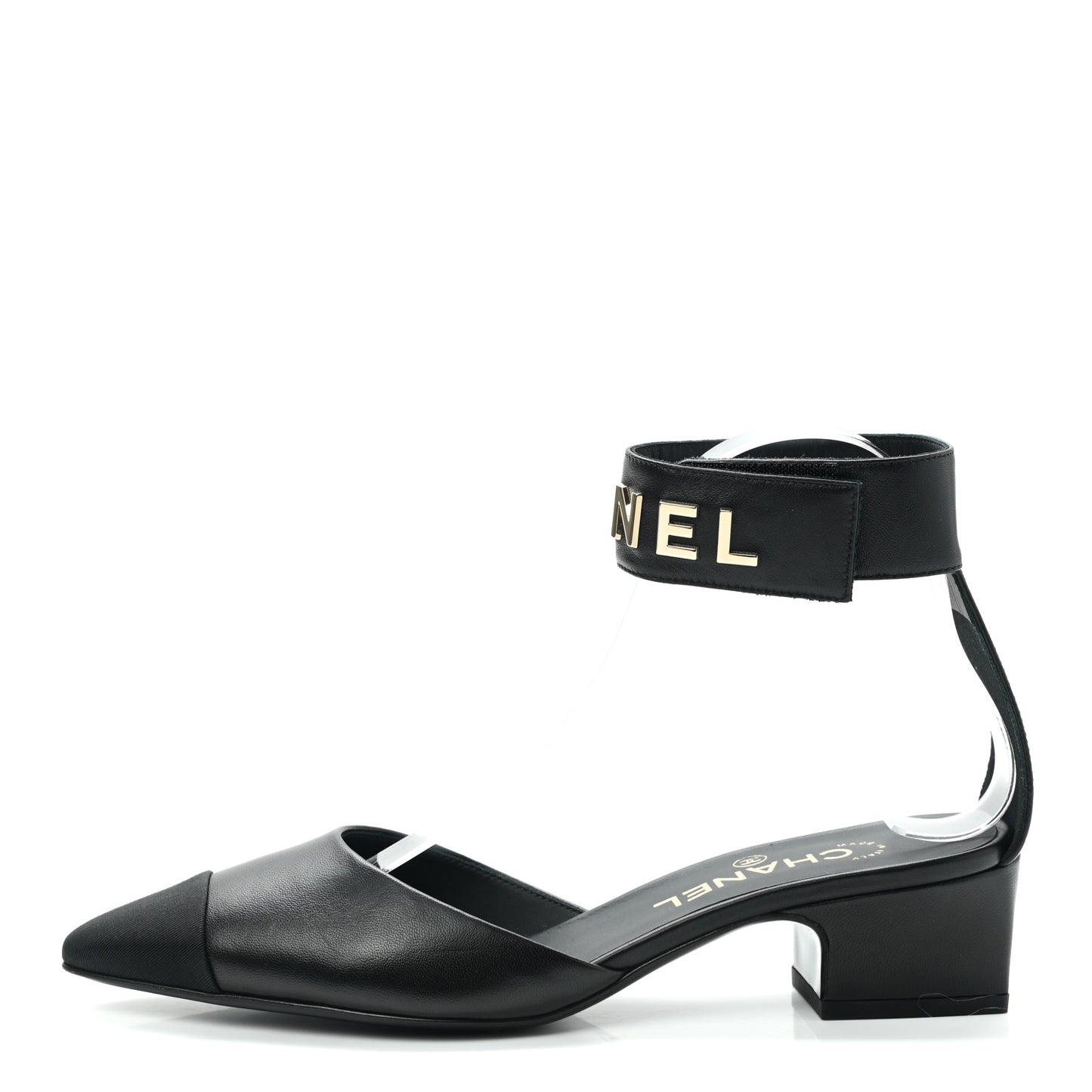 Lambskin Grosgrain Cap Toe Logo Ankle Strap Pumps 38 Black