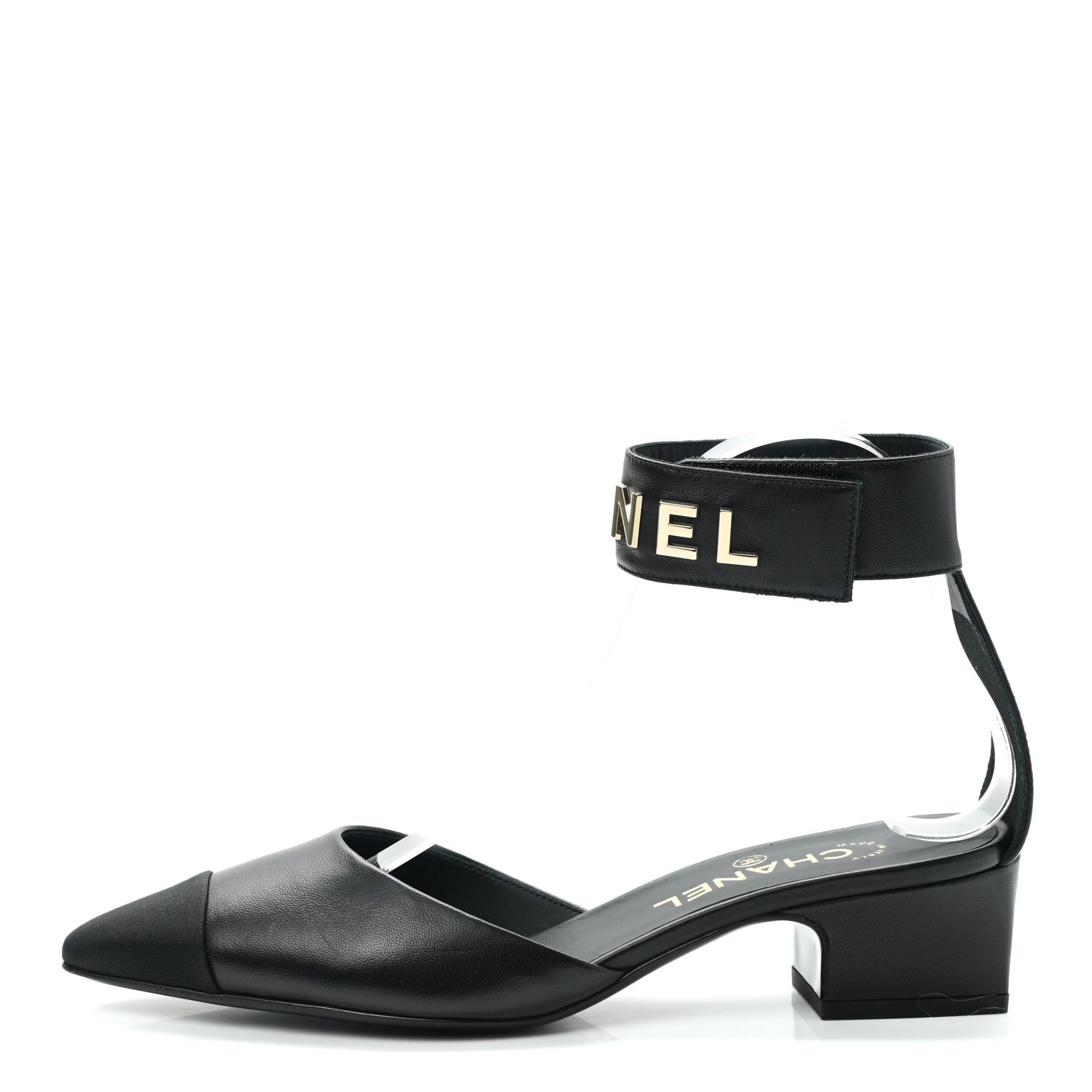 Chanel Lambskin Grosgrain Cap Toe Logo Ankle Strap Pumps 38 Black 1 of 9