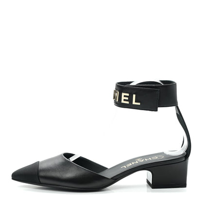 Chanel Lambskin Grosgrain Cap Toe Logo Ankle Strap Pumps 38 Black 1 of 9