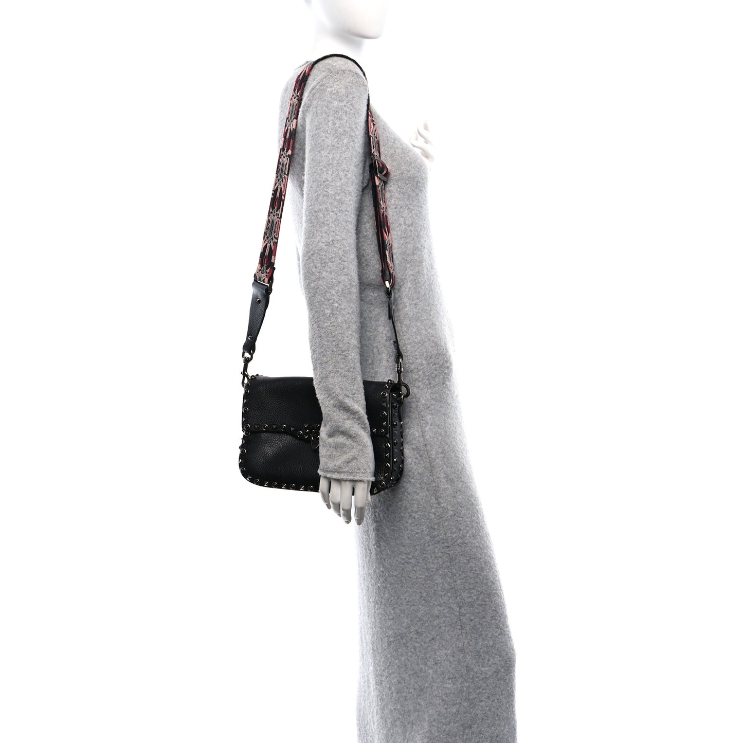 Pebbled Calfskin Onyx Medium Guitar Strap Rockstud Rolling Flap Love Blade Saddle Bag  Black