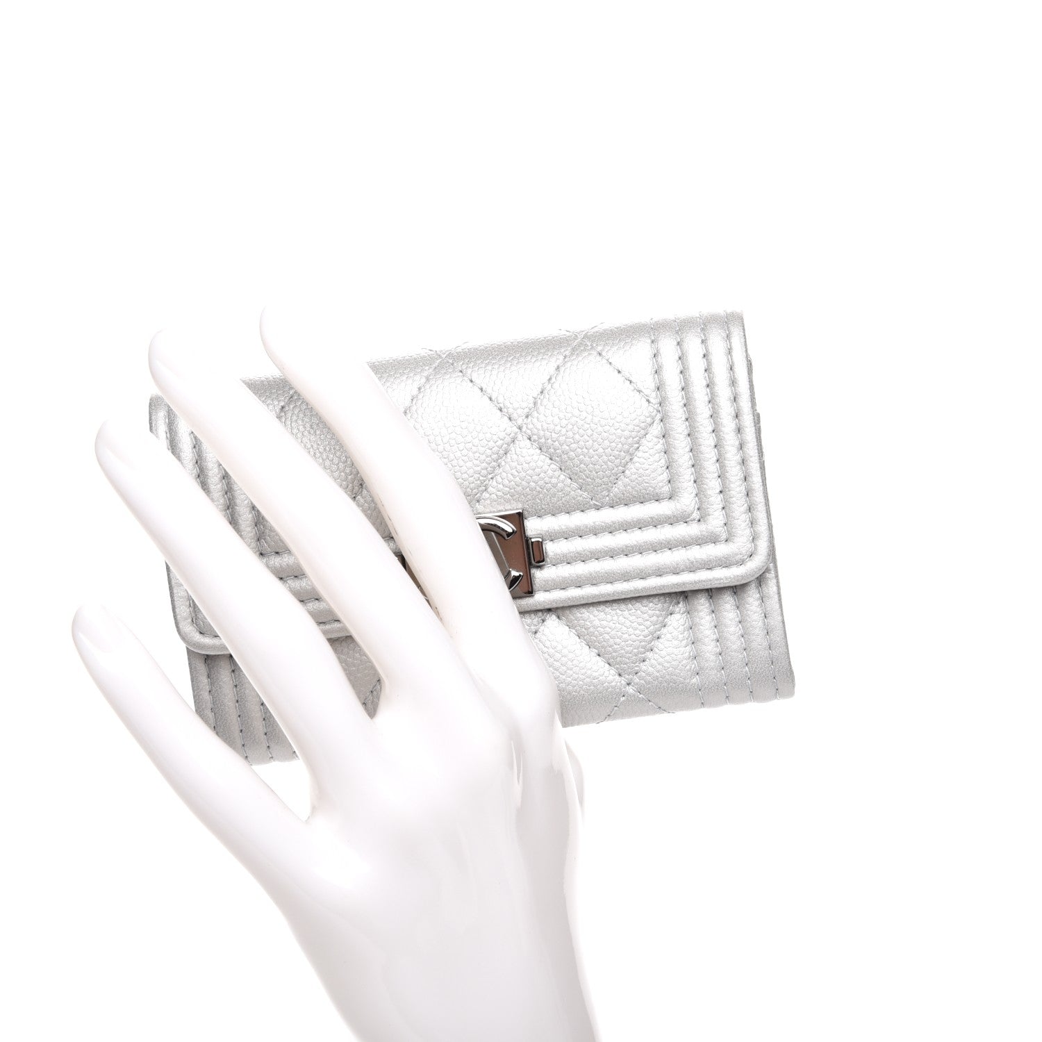 Chanel Metallic Caviar Quilted Boy Card Holder Wallet Silver 2 of 8