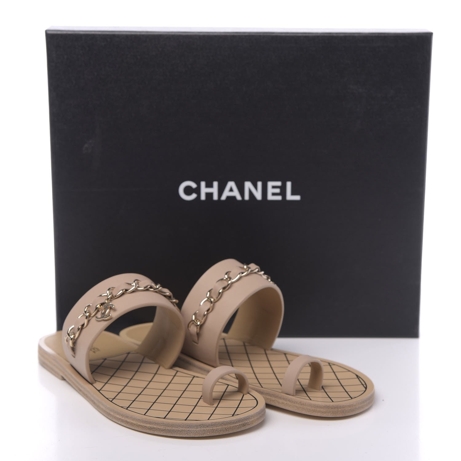 Chanel Calfskin Chain CC Logo Toe Ring Sandals 37 Beige 9 of 9
