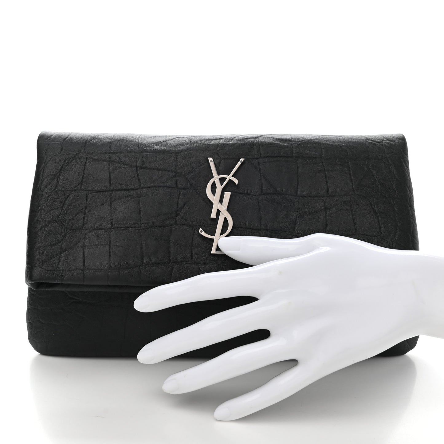 Calfskin Crocodile Embossed West Hollywood Monogram Fold Over Clutch Black