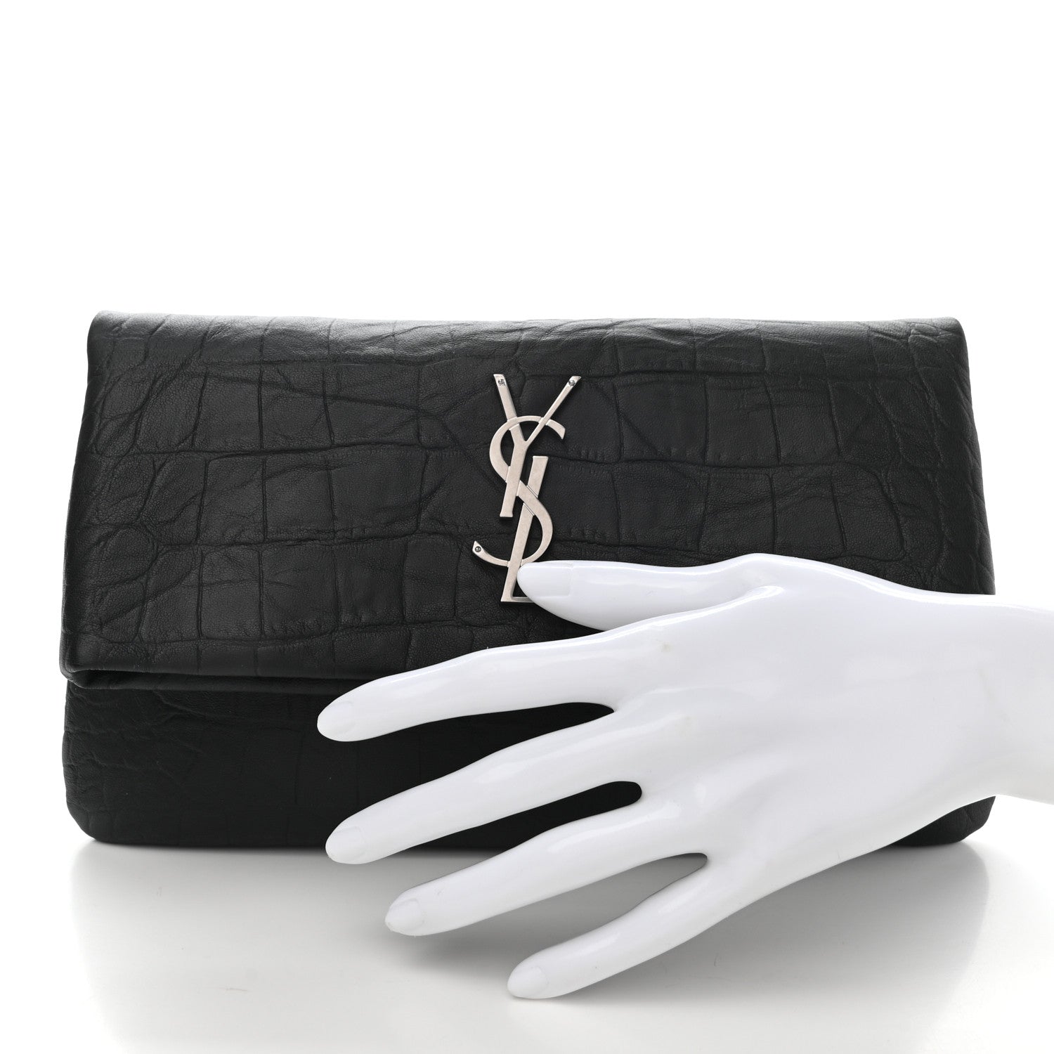 Saint Laurent Calfskin Crocodile Embossed West Hollywood Monogram Fold Over Clutch Black 2 of 6