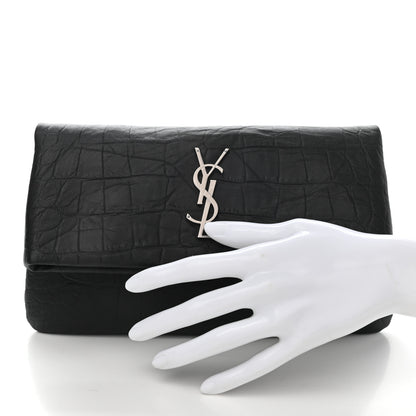 Saint Laurent Calfskin Crocodile Embossed West Hollywood Monogram Fold Over Clutch Black 2 of 6