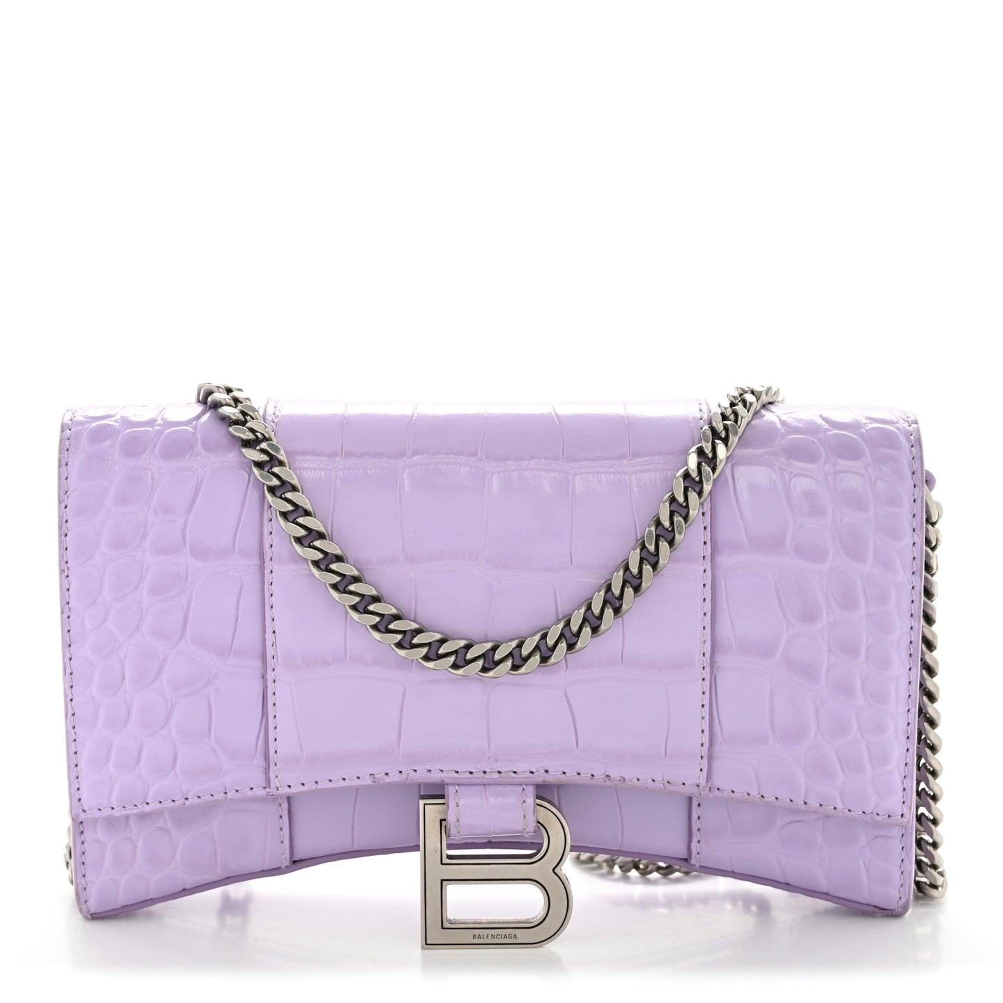 Shiny Calfskin Crocodile Embossed Hourglass Chain Bag Lilac