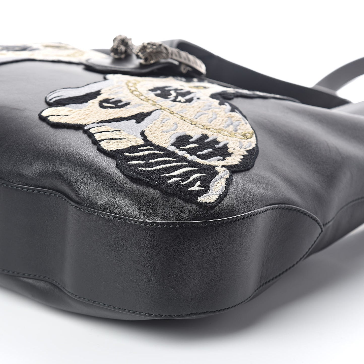 Calfskin Dog Embroidered Large Dionysus Hobo Black