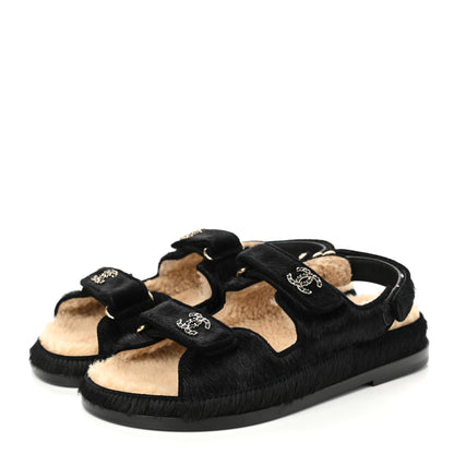 Chanel Calfskin Hair Suede Shearling Dad Sandals 39 Black 3 of 8