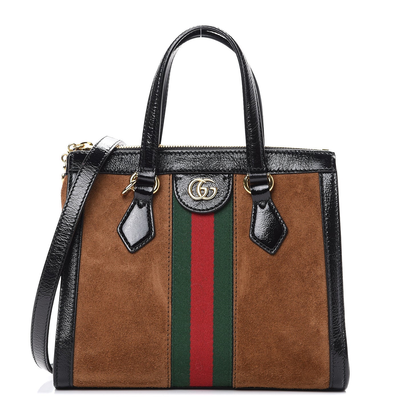 Suede Patent GG Web Small Ophidia Tote Bag Nocciola Black