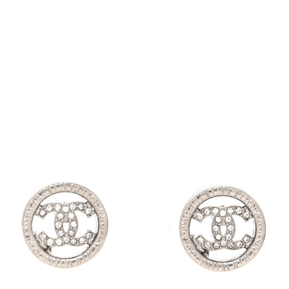 Chanel Metal Crystal Textured CC Round Earrings Silver 1 of 4