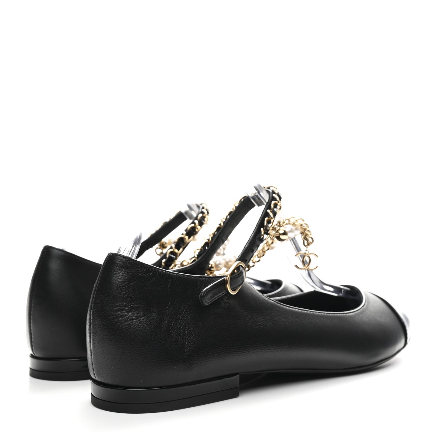 Shiny Lambskin Pearl Cap Toe Ankle Chain Ballerina Flats 37 Black