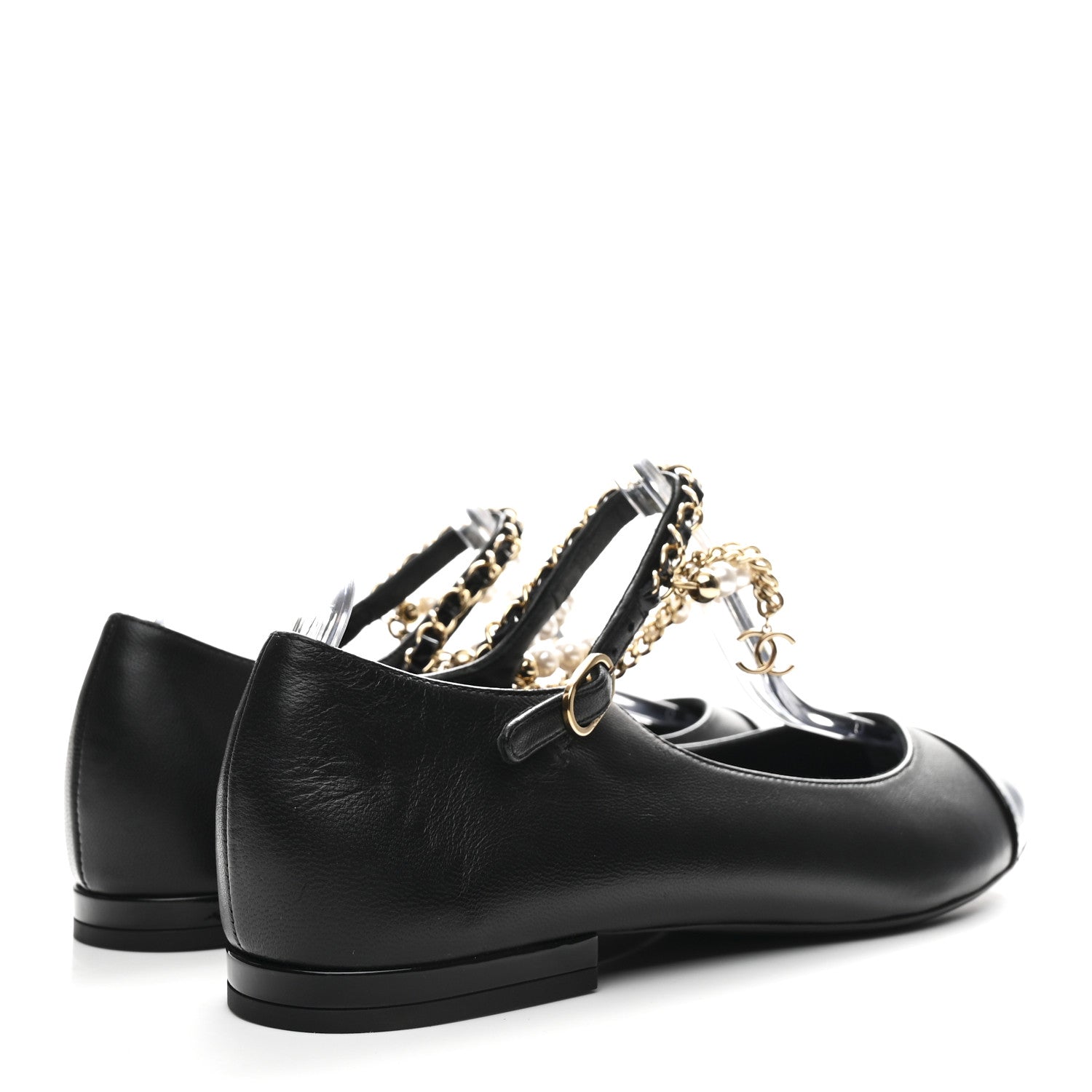Chanel Shiny Lambskin Pearl Cap Toe Ankle Chain Ballerina Flats 37 Black 5 of 10