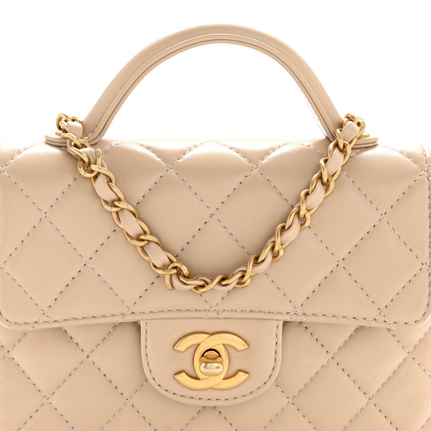 Lambskin Quilted Small Flap Top Handle Bag Beige