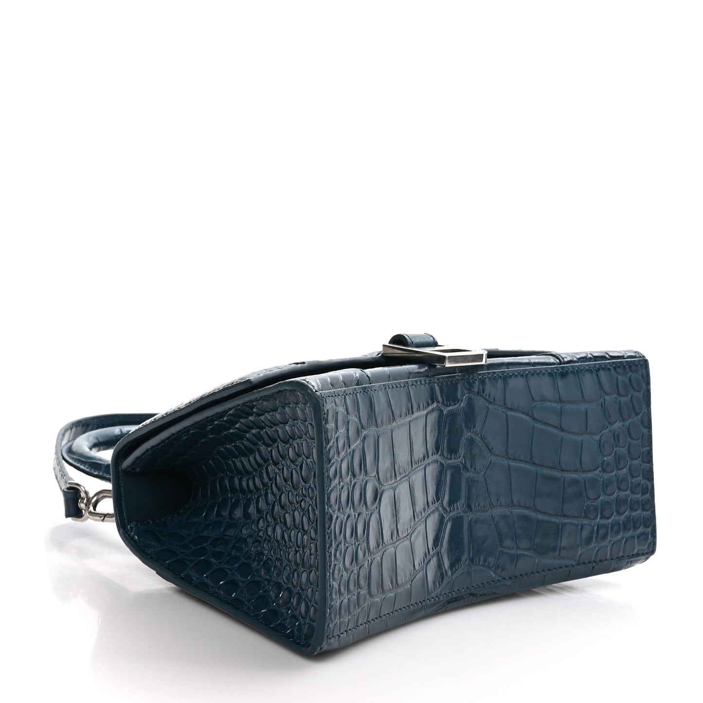 Shiny Calfskin Crocodile Embossed Small Hourglass Top Handle Bag Dark Petrol Blue