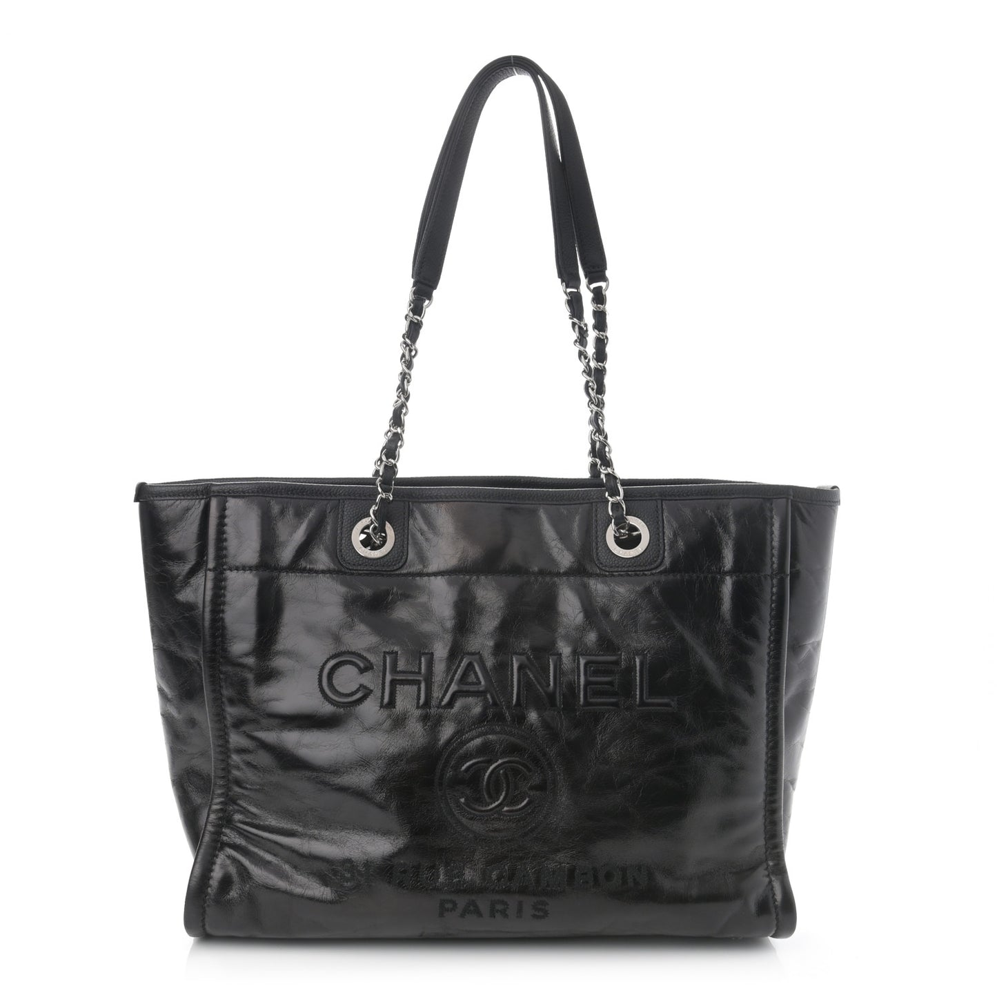 Glazed Calfskin Small Deauville Tote Black